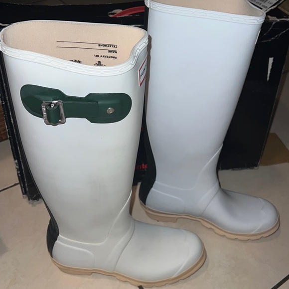 Hunter Original Contrast Tall Rainboots White Matte Green/Black Trim Po - Picture 2 of 5